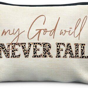 Christian Gifts for Women, Trendy Leopard Christian Makeup Bag, My God Will Neve